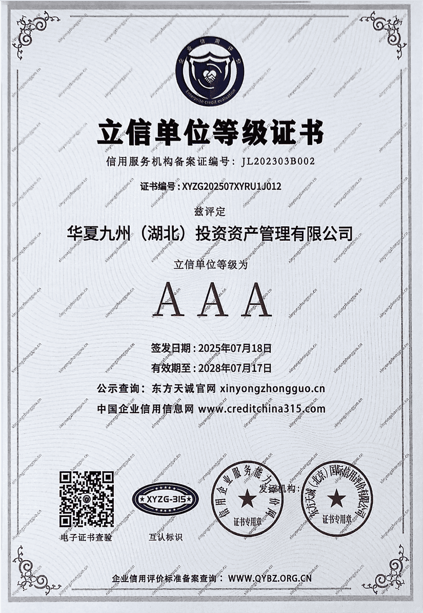 AAA立信单位等级证书