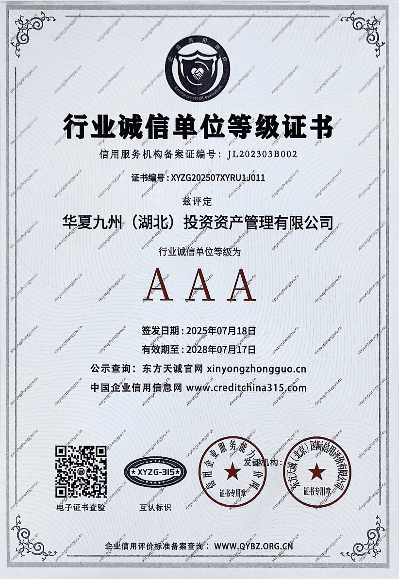 AAA行业诚信单位等级证书