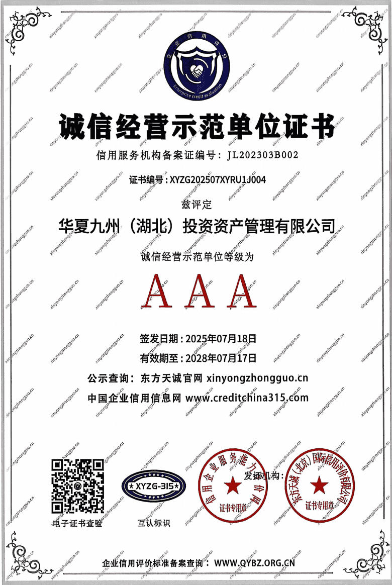 AAA诚信经营示范单位证书