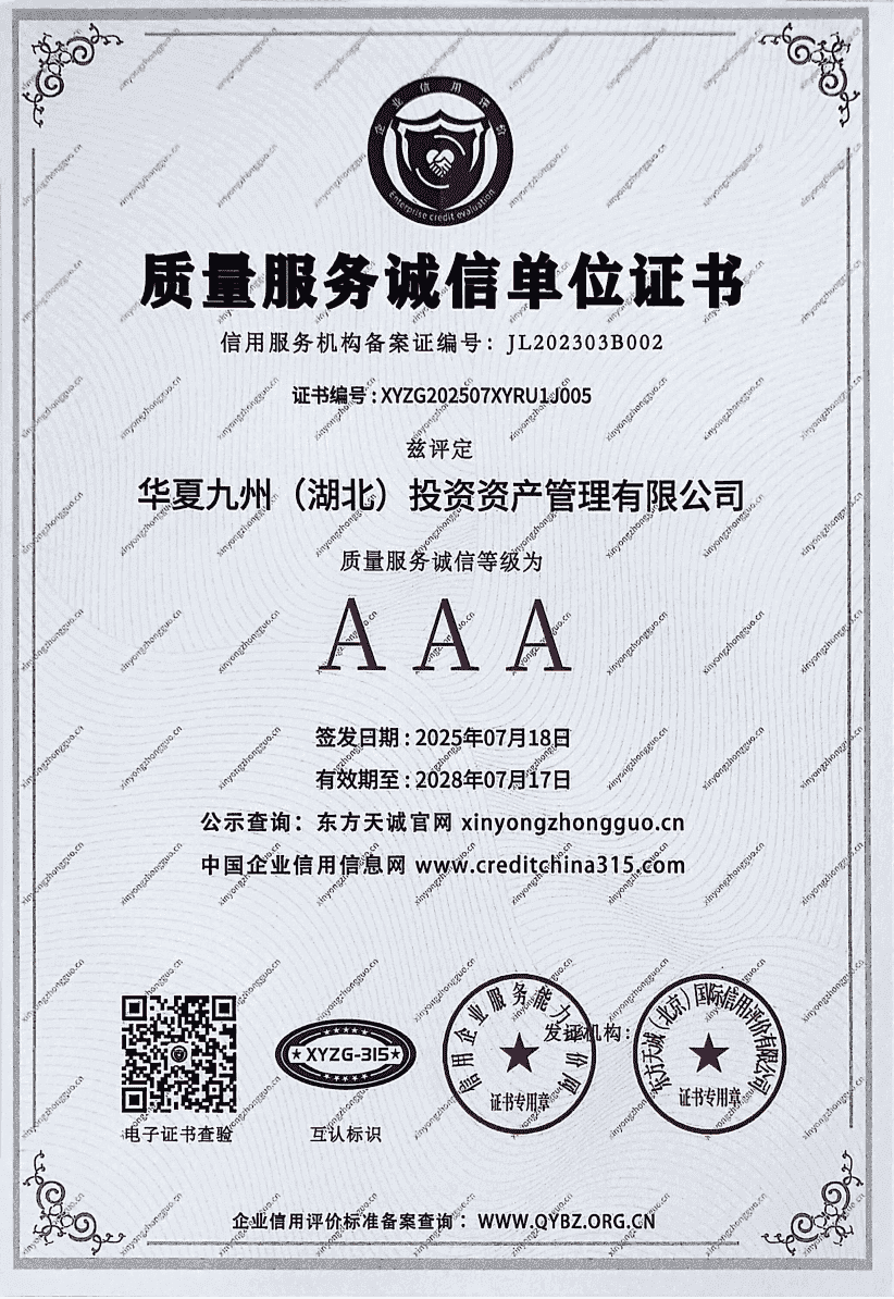 AAA质量服务诚信单位证书